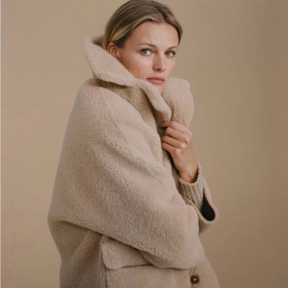 MANGO Women's Tan Shearling Coat - Reversible! NWOT
